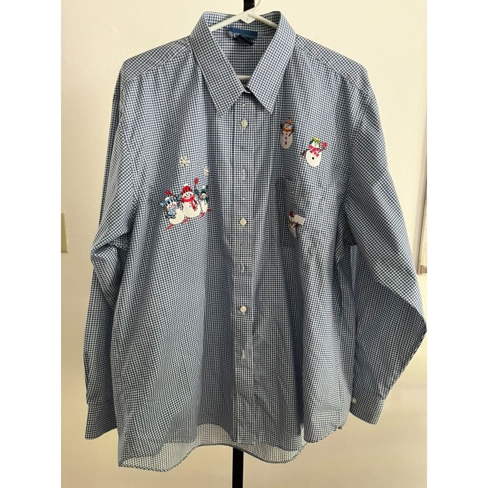 EUC Las Olas  Blue & White Checkered Snowman Embroidered Button-Up Shirt XL